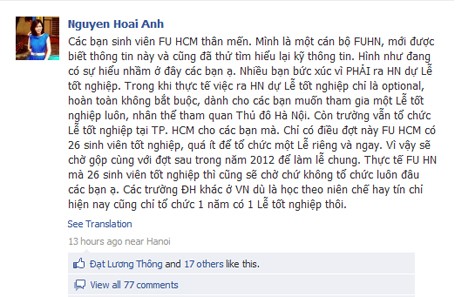 Trả lời của bà Nguyễn Hoài Anh trên group Hội các bạn trẻ ức chế vì phải ra Hà Nội dự lễ tốt nghiệp